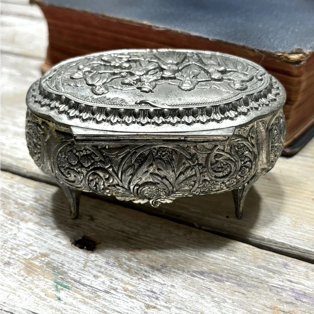 Vintage 70’s Silver Tone Footed Trinket Box (Stamped Japan) Blind Man's Bluff